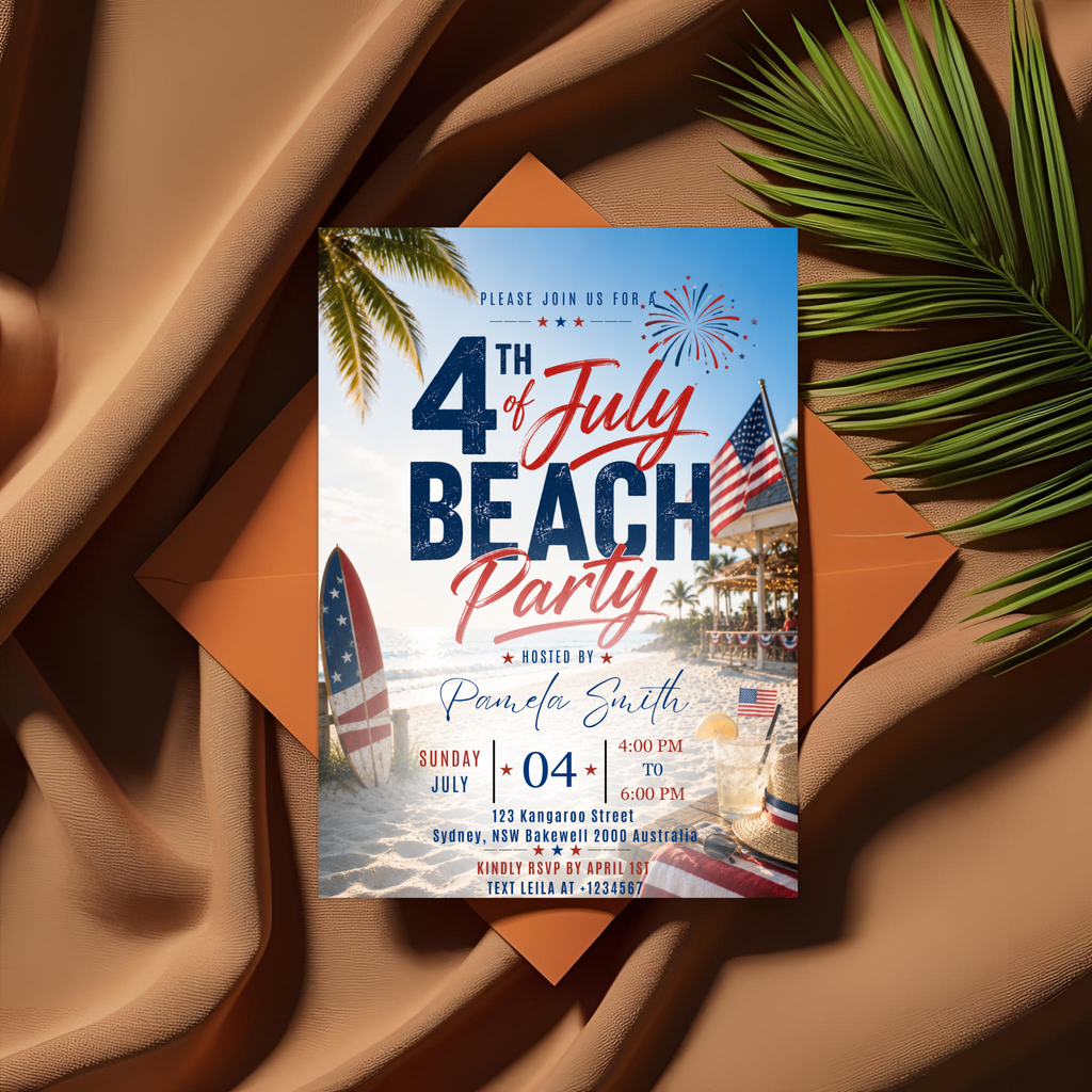Beach Party 4th of July Invitation, USA Independence Day Summer Party Invite, Tropical Birthday Celebration Editable Digital Canva Template