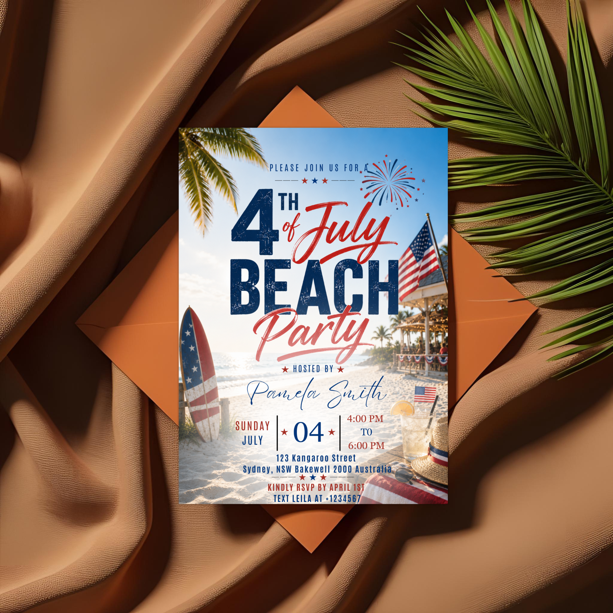 Beach Party 4th of July Invitation, USA Independence Day Summer Party Invite, Tropical Birthday Celebration Editable Digital Canva Template