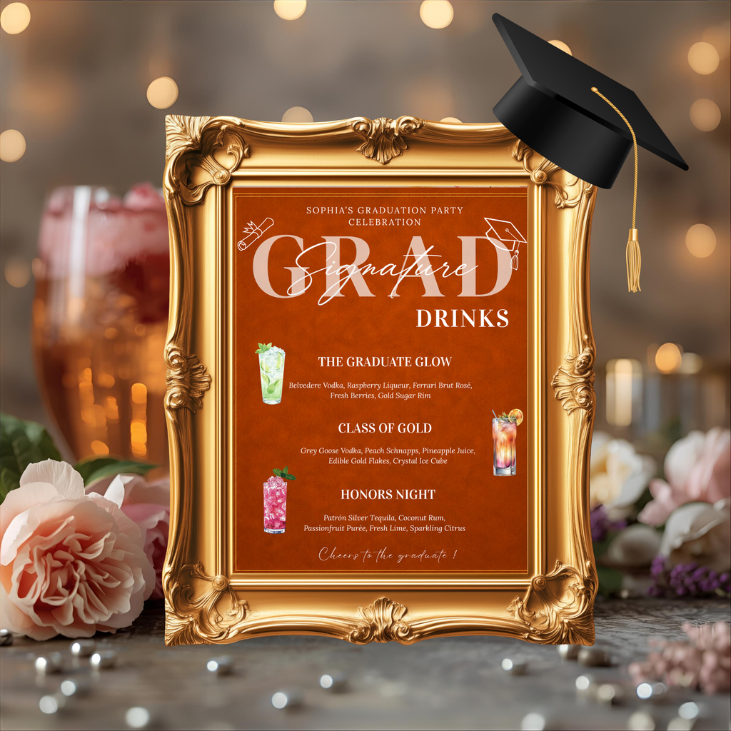 Orange Graduation Drink Menu Sign, Signature Drinks Bar Menu, Senior Grad Party Soda Bar Menu for High School College, Printable Template