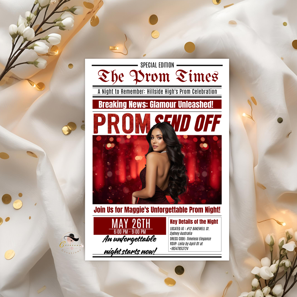 Newspaper Prom Send Off Invitation, Red Prom Queen with photo invite, Teen Boy Prom Night Party Flyer, Highschool Digital Printable Template