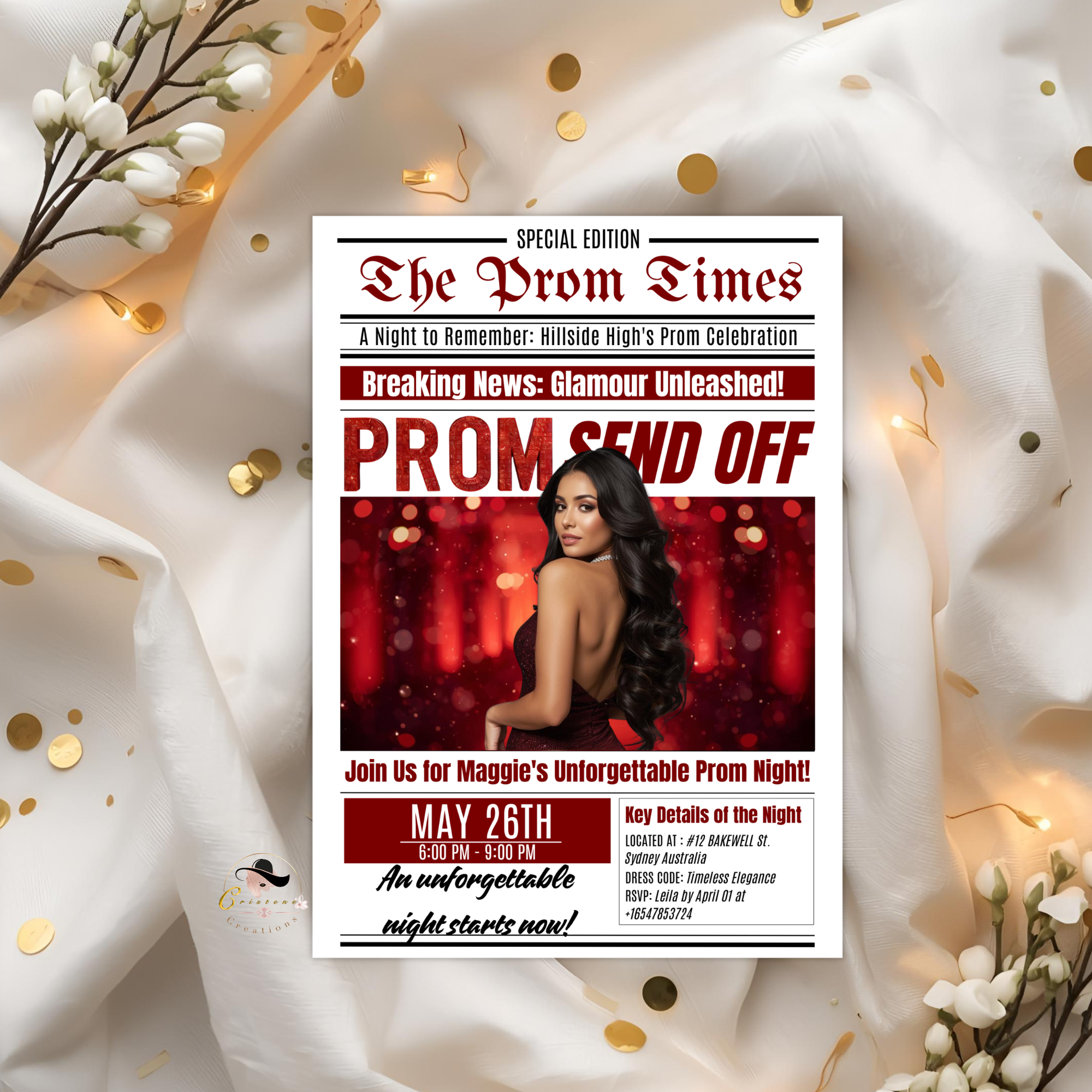 Newspaper Prom Send Off Invitation, Red Prom Queen with photo invite, Teen Boy Prom Night Party Flyer, Highschool Digital Printable Template