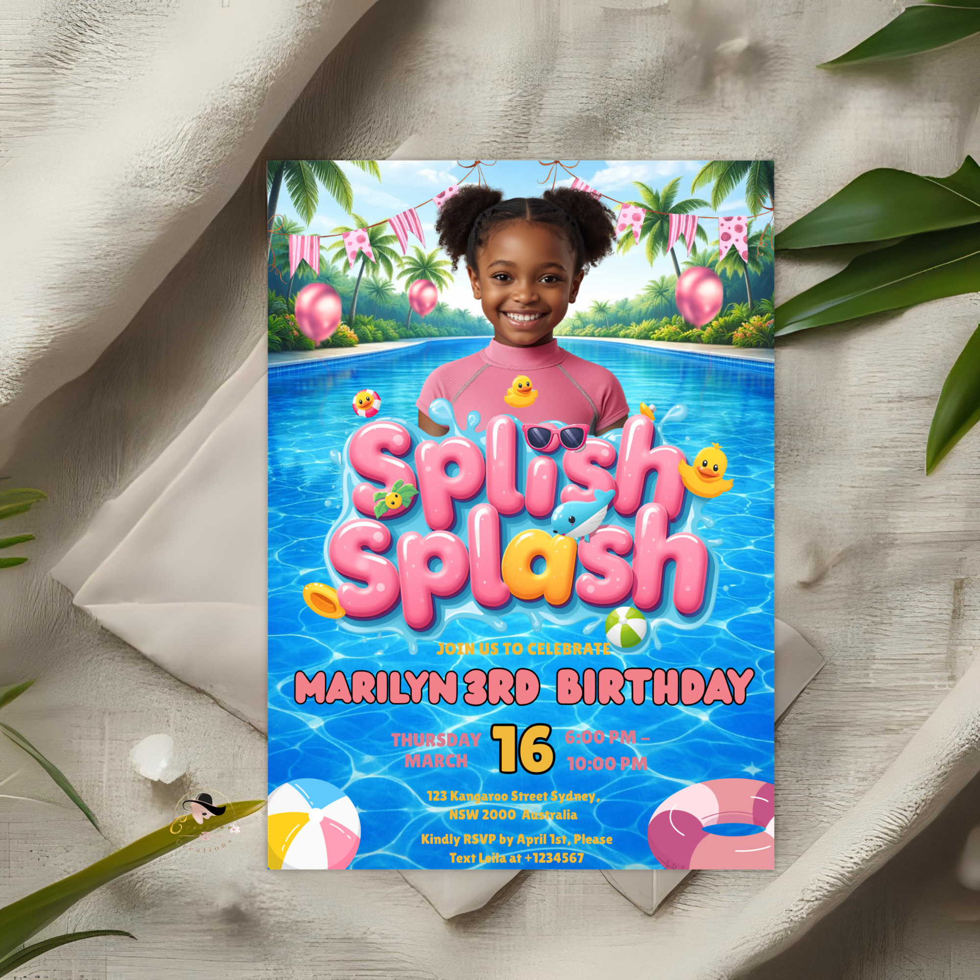 Kids Pool Party Birthday Invitation with Photo, Summer Tropical Splash Party Invite, Girl Swim Invite, Printable Editable Digital Template