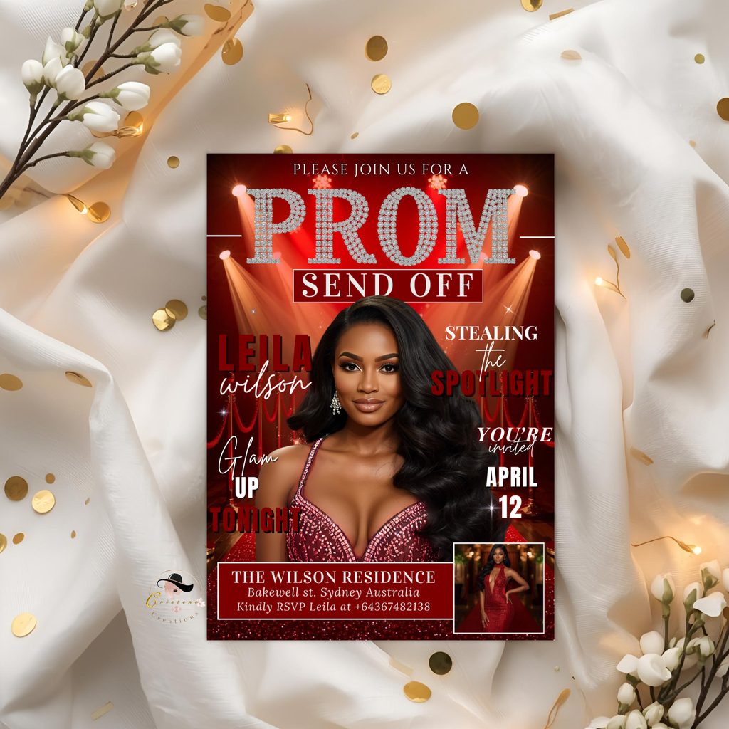 Prom Send Off Party Invitation, Prom Queen with photo invite, Girls Prom Night Flyer, Red Carpet Magazine Style Digital Printable Template