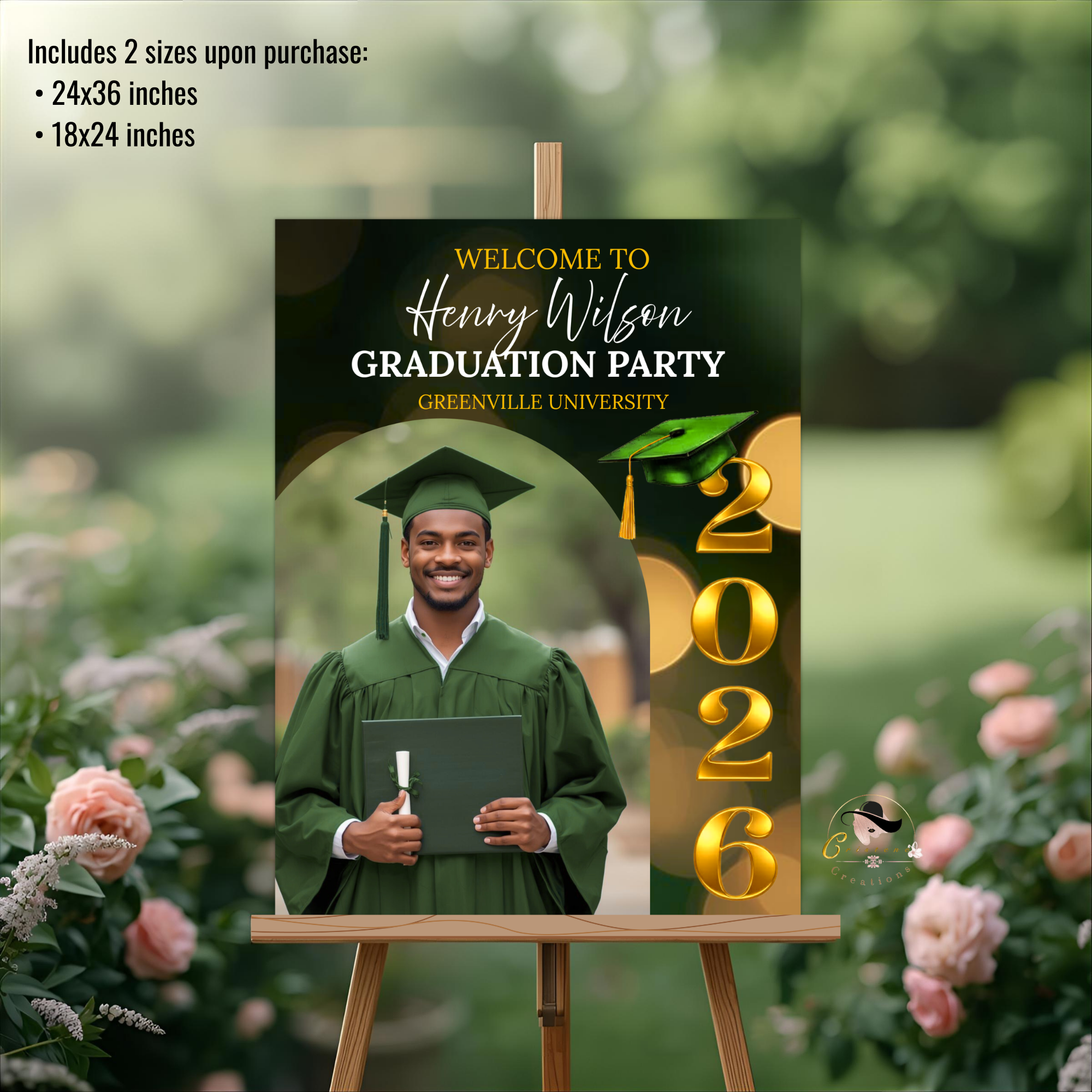 Boy Graduation Welcome Party Sign, Male Senior Grad Poster Sign with photo, Class 2026 Men Graduates Sign, Green Gold Printable Template