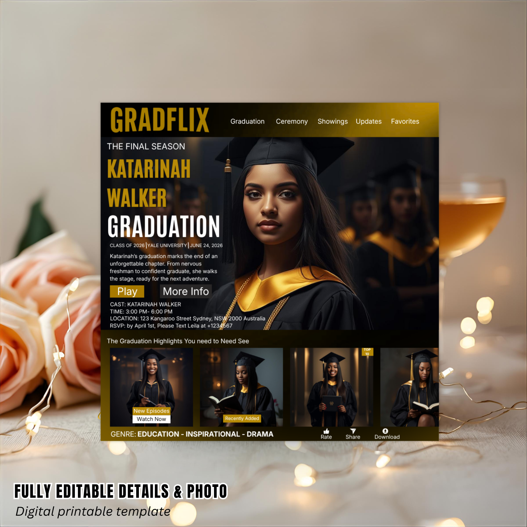 Graduation Invitation Movie Theme with Photo, Black Gold Cinematic Streaming Grad Party, Class of 2026 Flyer Card Invite, Printable Template