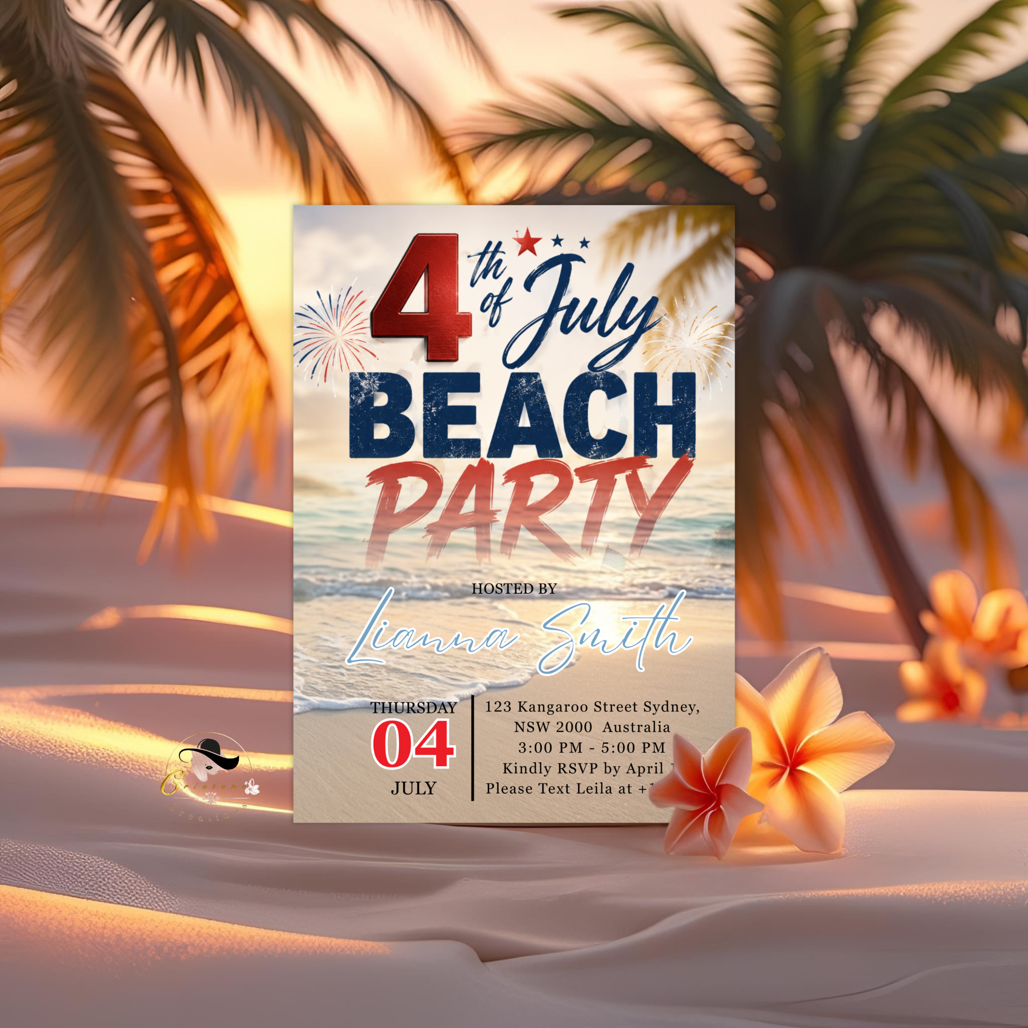 4th of July Beach Party Invitation, Patriotic Summer Birthday Invite, Tropical Fireworks Independence Day Editable Canva Digital Template