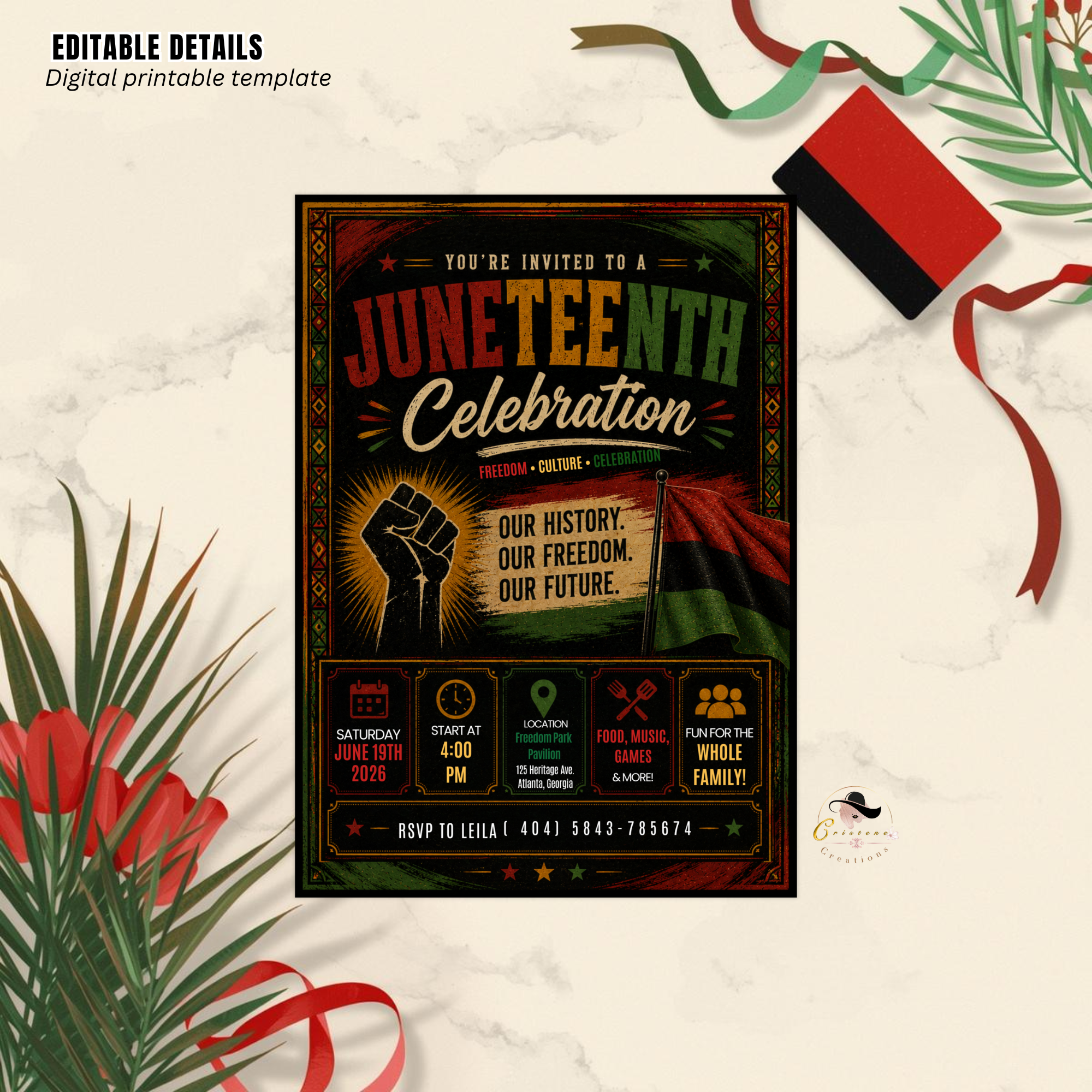 Juneteenth Invitation, June 19th Black Freedom Day Party Invite, BBQ Cookout, Emancipation Day Printable Digital Canva Template