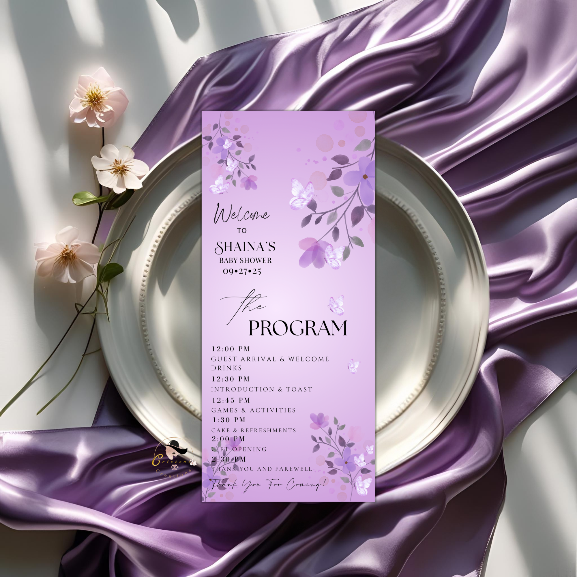 Wildflower Baby Shower Menu and Program Template, Baby In Bloom Menu Card Purple Butterfly Themed, Order Of Events, Canva Printable Template