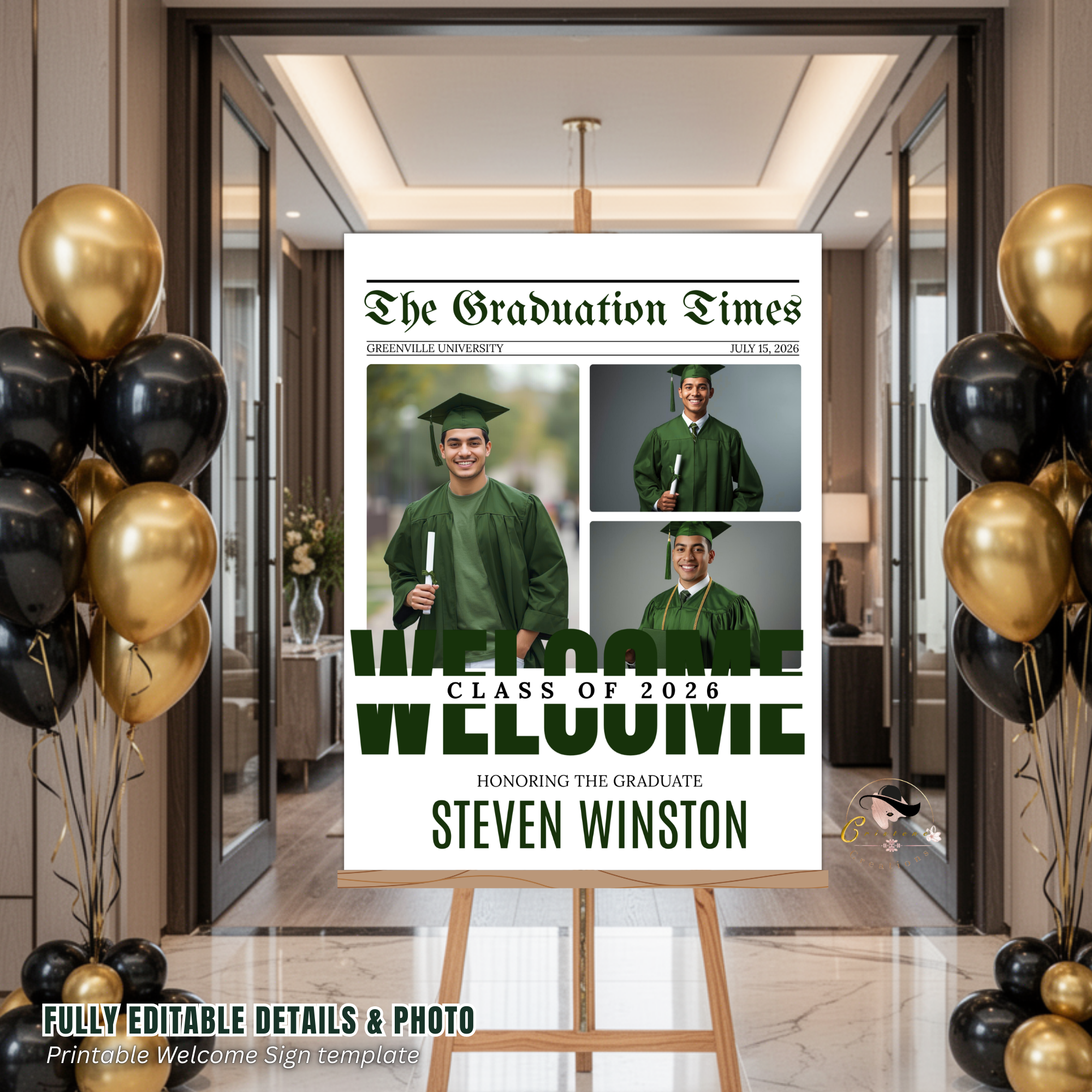 Newspaper Boy Graduation Welcome Party Sign, Senior Grad Announcement Sign with photo, High School Graduates Sign, Green Printable Template
