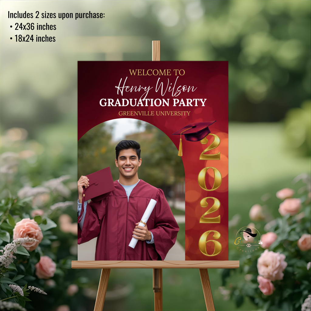 Maroon Graduation Welcome Party Sign, Senior Grad Poster Sign with photo, Class 2026 Woman Man High School Graduate Sign, Printable Template