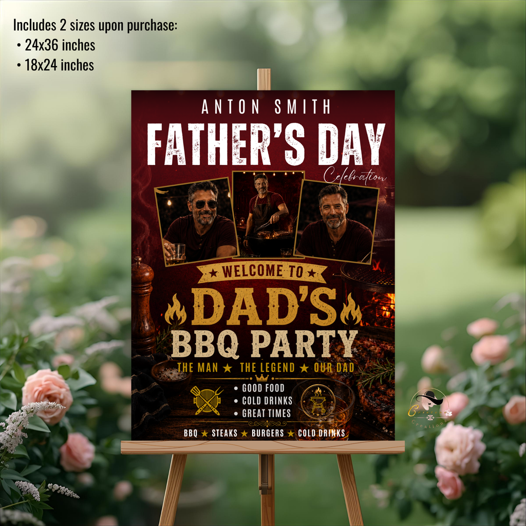 Red Fathers Day BBQ Welcome Sign with Photo, Dad Backyard Barbecue Party Poster Sign, Summer Cookout, Editable Printable Canva Template
