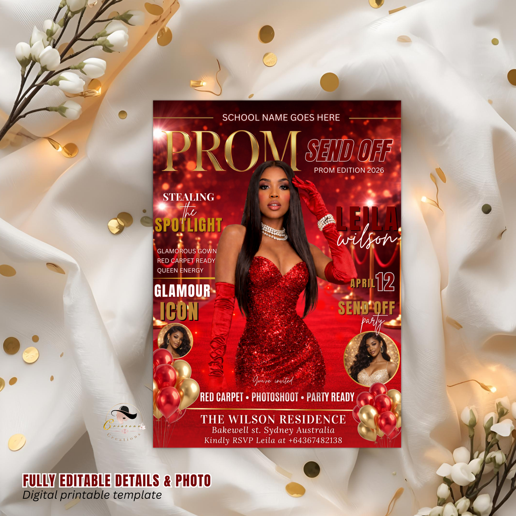Red Prom Send Off Party Invitation, Prom Queen with photo invite, Girls Prom Night Flyer, Elegant Magazine Cover, Digital Printable Template