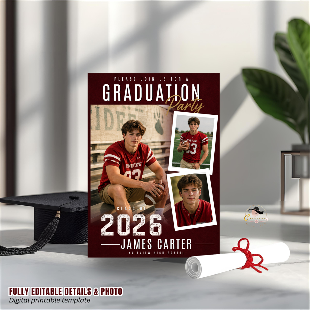 Red Graduation Invitation with Photo for Him, Sporty Boy Grad Announcement Invite, Class of 2026 Senior Grad Party, Printable Template