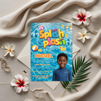 Kids Pool Party Birthday Invitation with Photo, Splash Party Invite, Tropical Summer Swim Party, Boy Birthday, Editable Canva Template