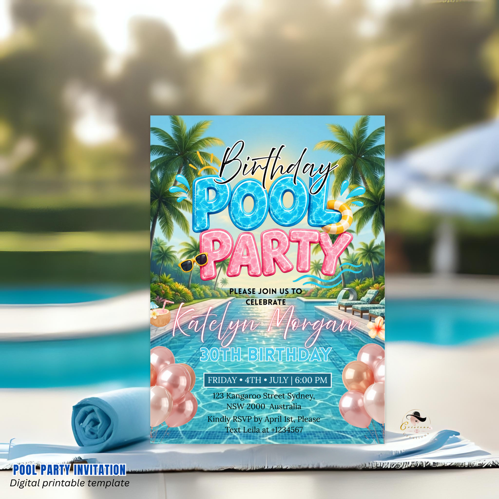 Birthday Pool Party Invitation, Summer Tropical Aloha Luau Adult Birthday Invite, Hawaiian Invite, Editable Printable Canva Digital Template