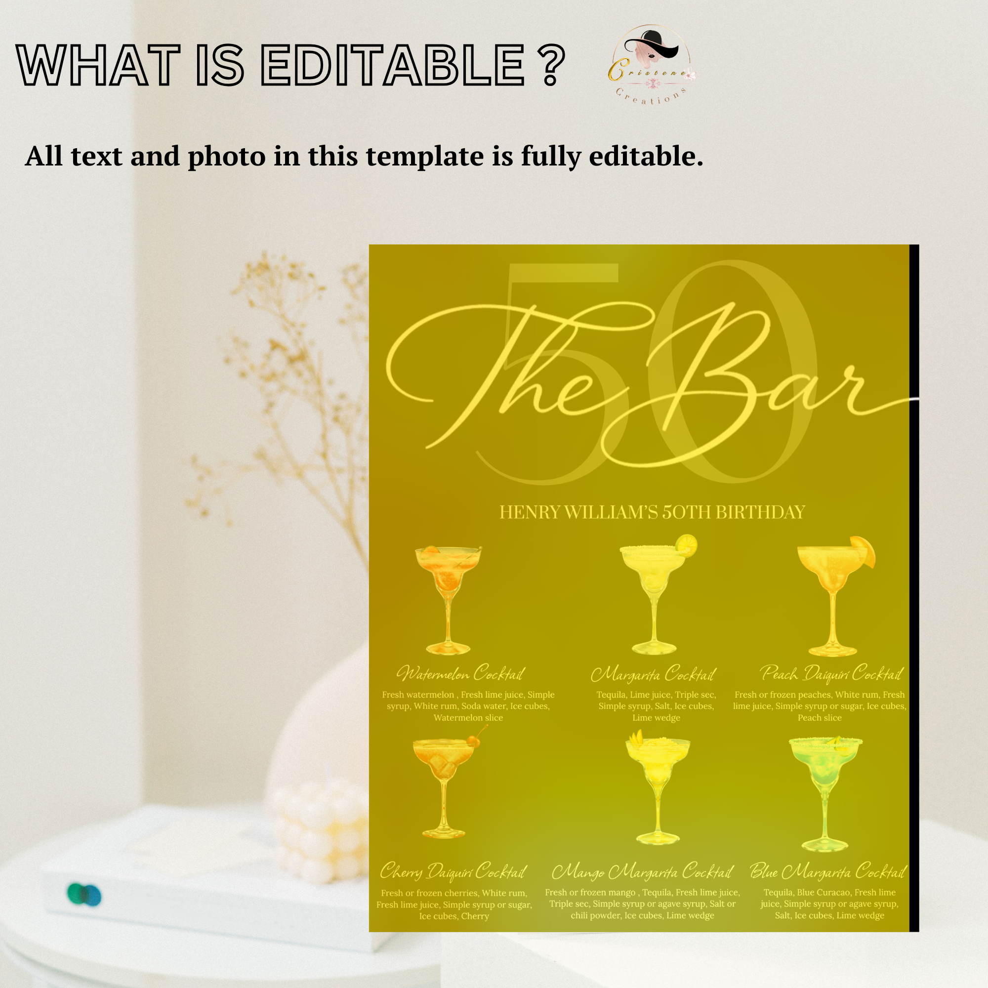 50th Birthday Signature Drink Sign, Editable Bar Menu Template, Fifty and Fabulous Party Drinks For Him and Her, Canva Digital Printable