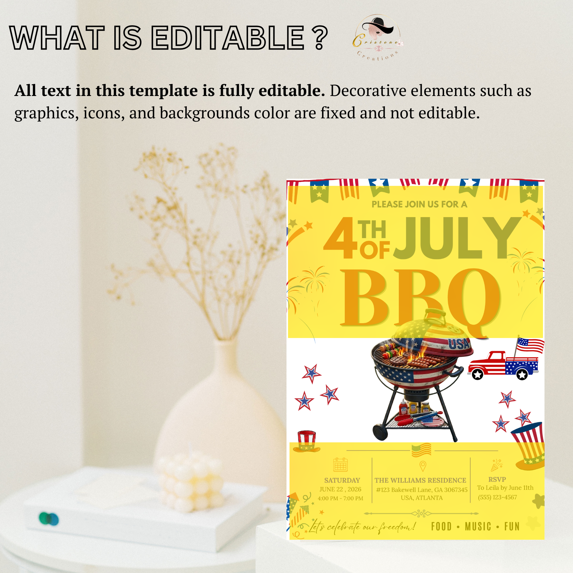 4th of July BBQ Cookout Invitation, Independence Day Patriotic Fireworks Party Invite, Red White Blue Printable Digital Template
