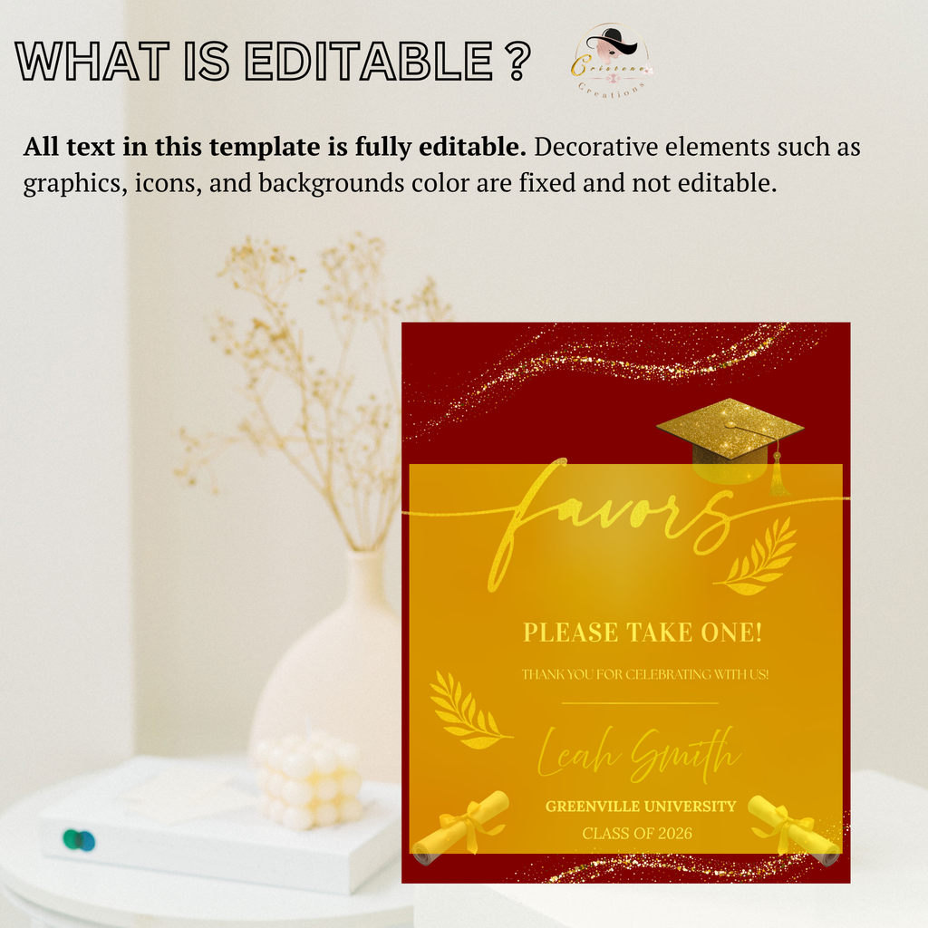 Graduation Favor Sign Template, Red Gold Grad Table Sign, Class of 2026 Party Favors Sign, High School Party Sign, Digital Printable Canva
