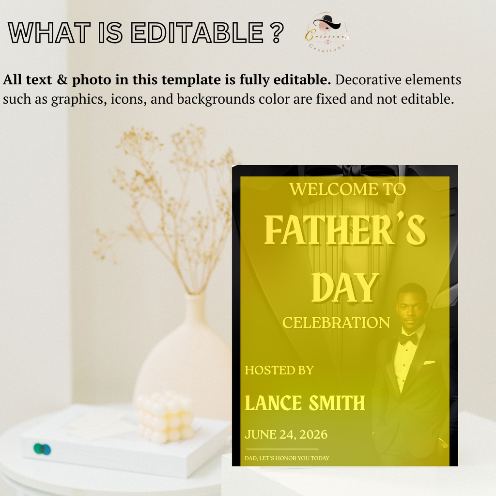 Fathers Day Welcome Sign with Photo, Tuxedo Gentleman Party Sign, Male Poster Sign, Birthday Retirement, Black Printable Editable Template