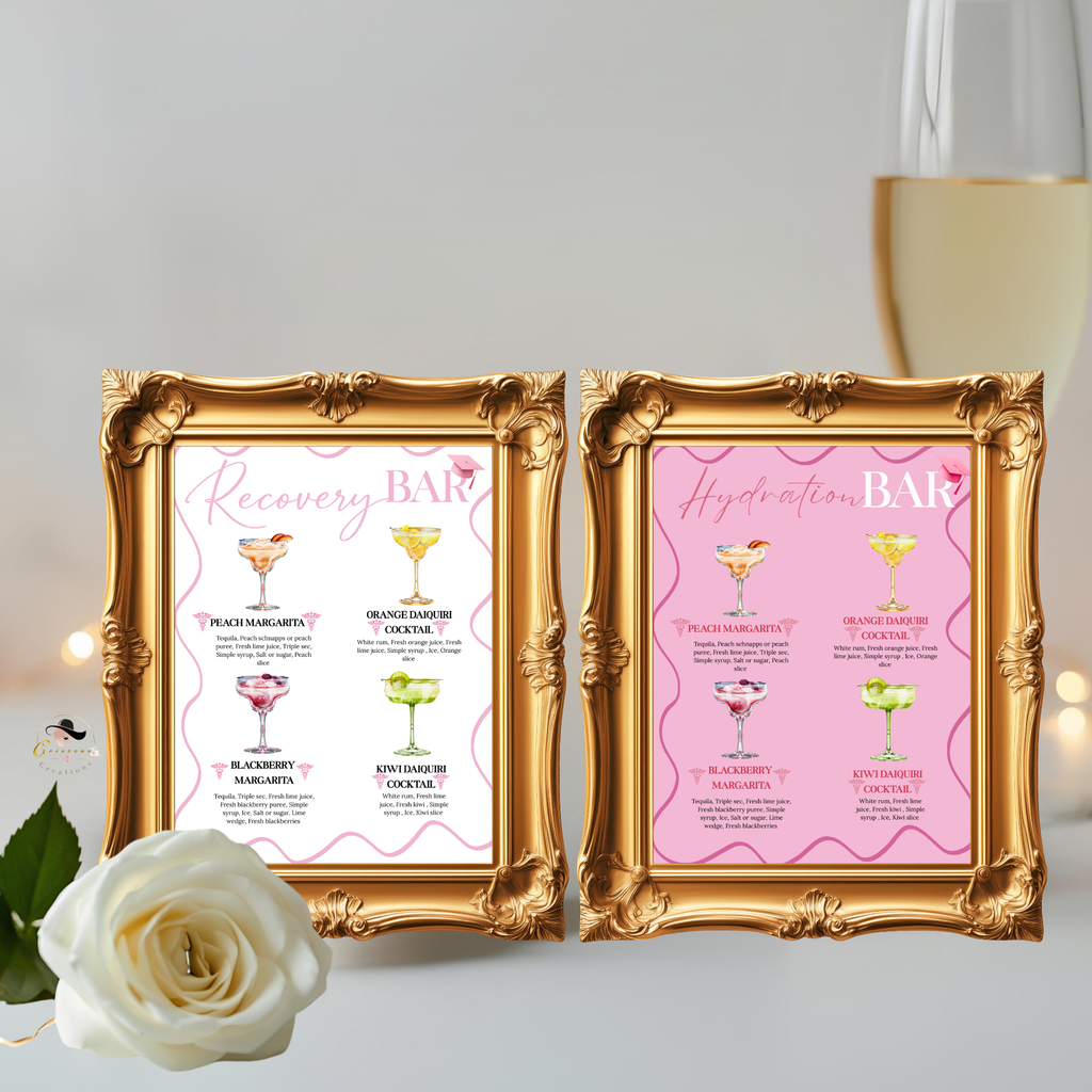 Nurse Graduation Drink Sign, Pink RN LPN CNA Cocktail Menu Card, Nursing Signature Drinks Hydration Station, Editable Printable Template