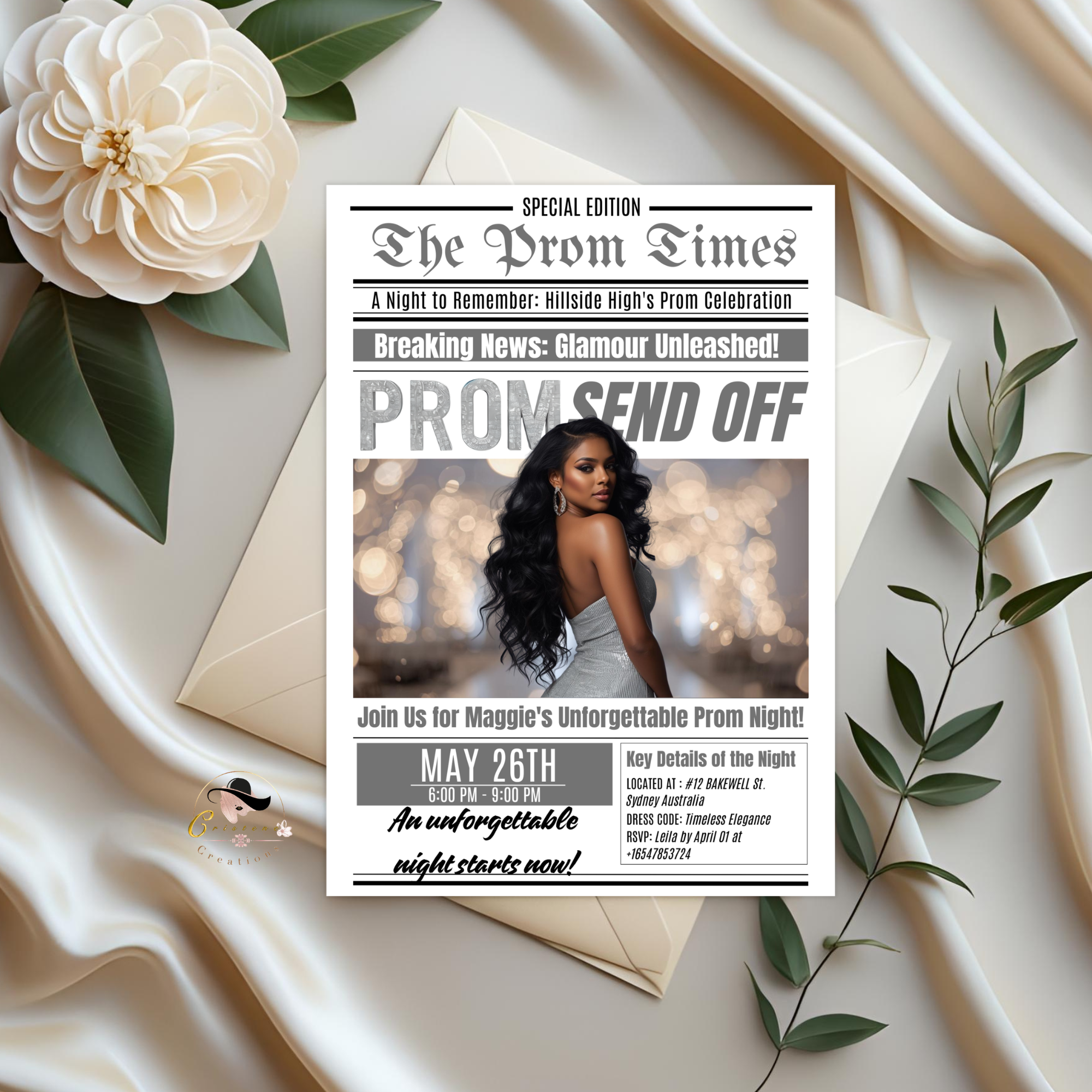 Newspaper Prom Send Off Party Invitation, White Silver Prom Queen with photo invite, Teen Prom Night Flyer Card, Digital Printable Template