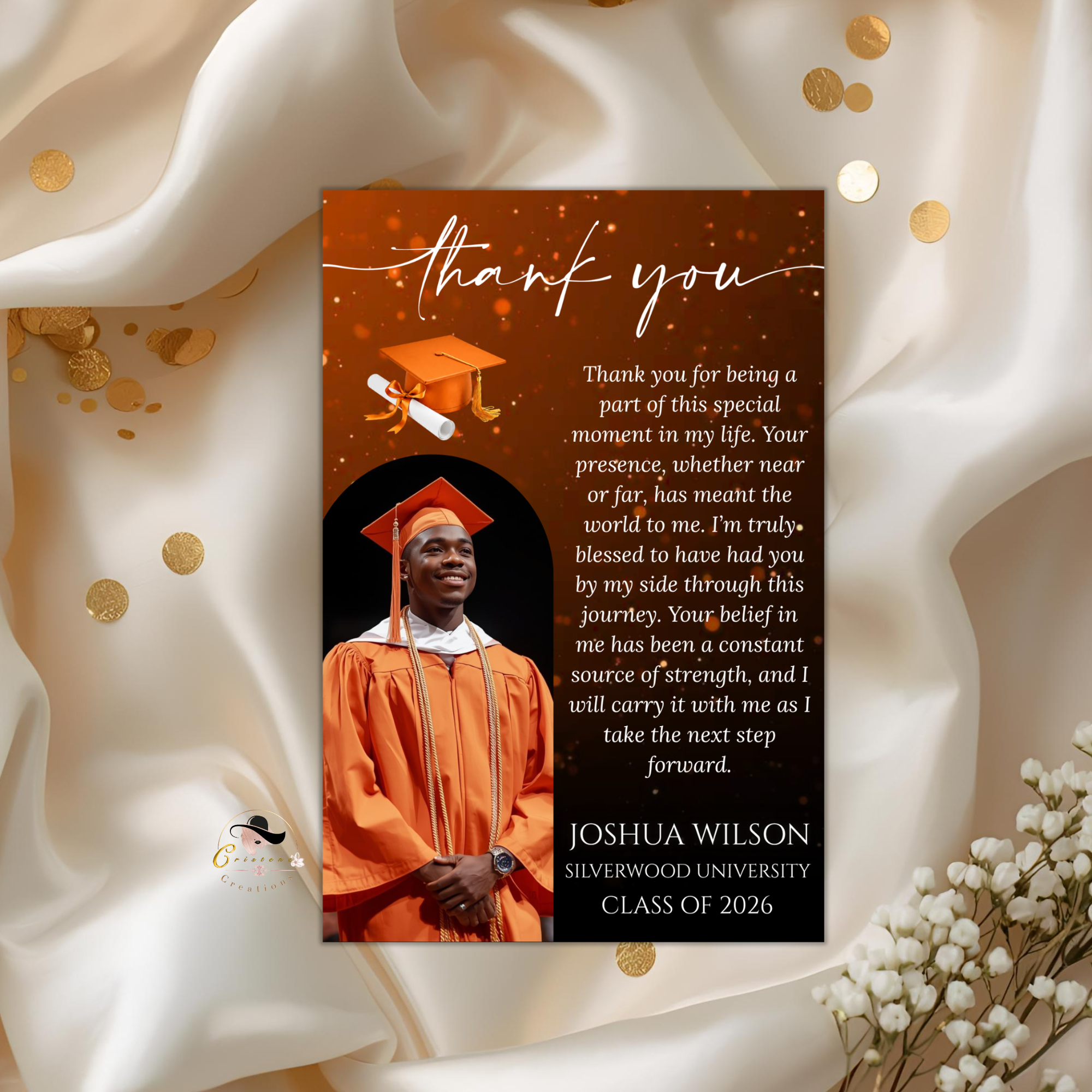 Class of 2026 Graduation Thank You Card with Photo, Orange Grad Party Thank You Note for Him and Her, High School College Printable Template