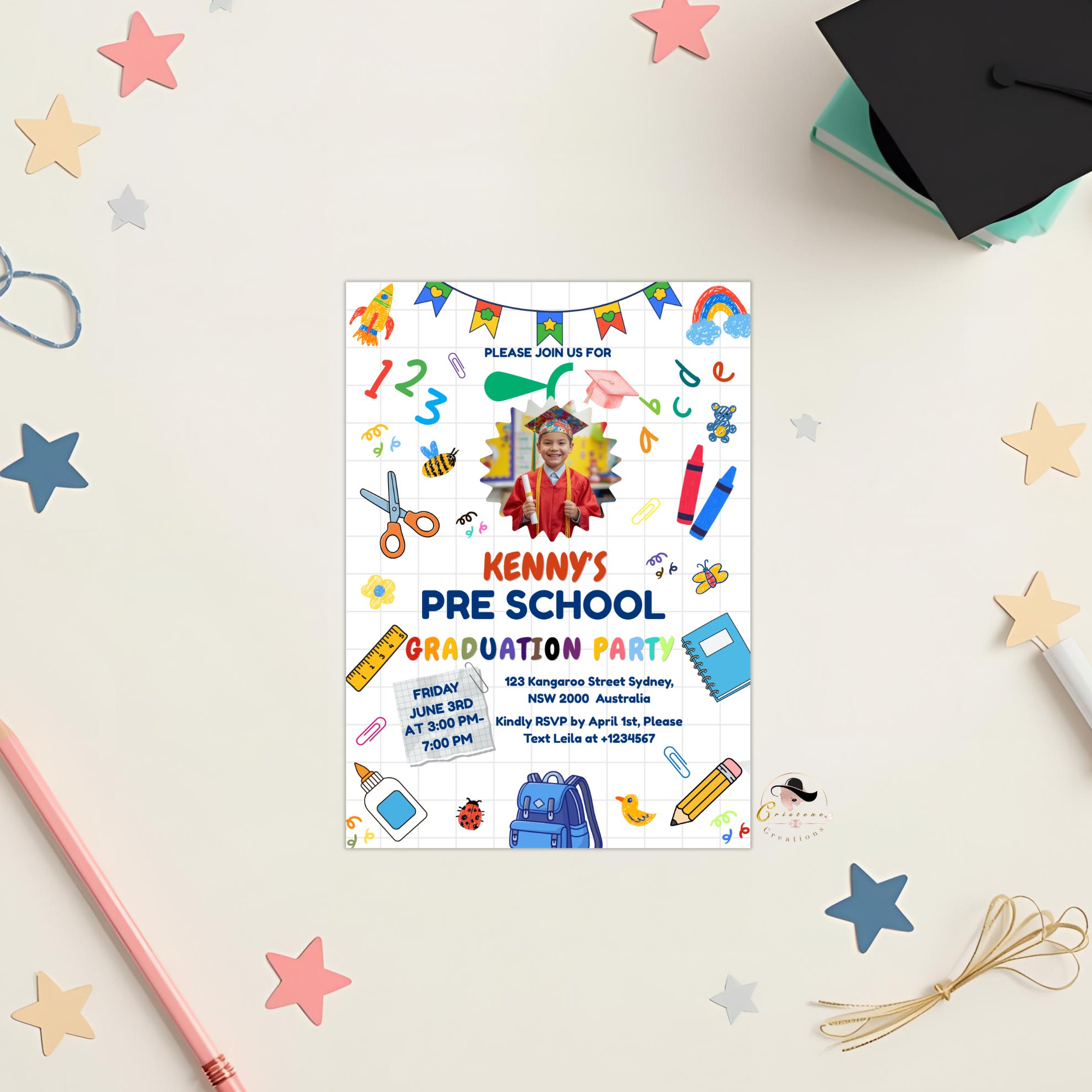 Preschool Pre K Graduation Invitation with Photo, Kindergarten Class of 2026 Grad Party Invite for Him and Her, Editable Canva Template
