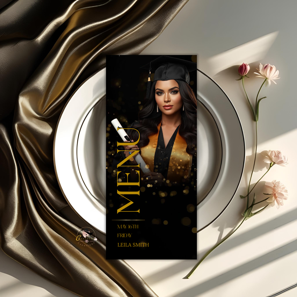 Graduation Dinner Menu with Photo, High School College Grad Party Menu Class of 2026, Black Gold Menu, Editable Canva Printable Template
