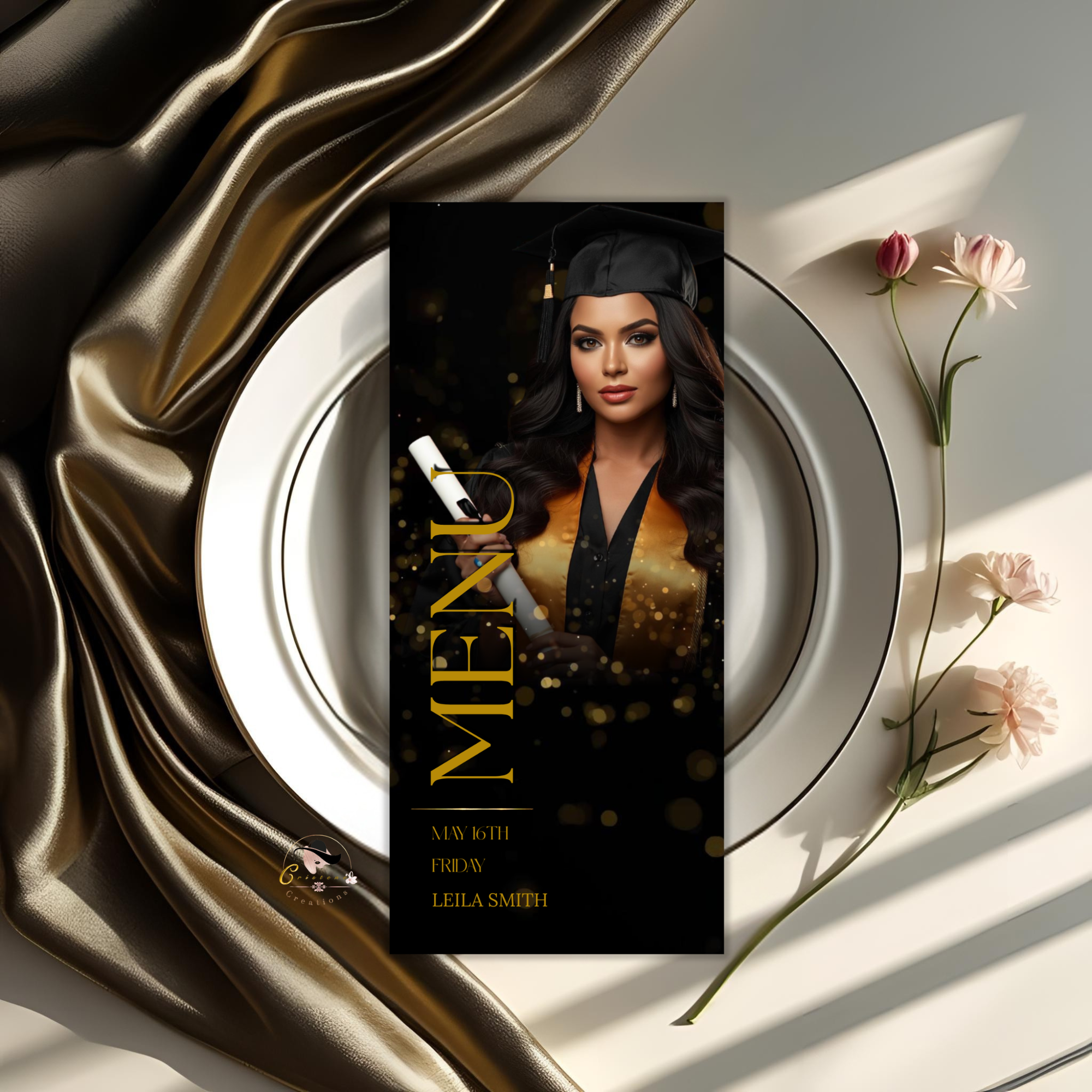 Graduation Dinner Menu with Photo, High School College Grad Party Menu Class of 2026, Black Gold Menu, Editable Canva Printable Template