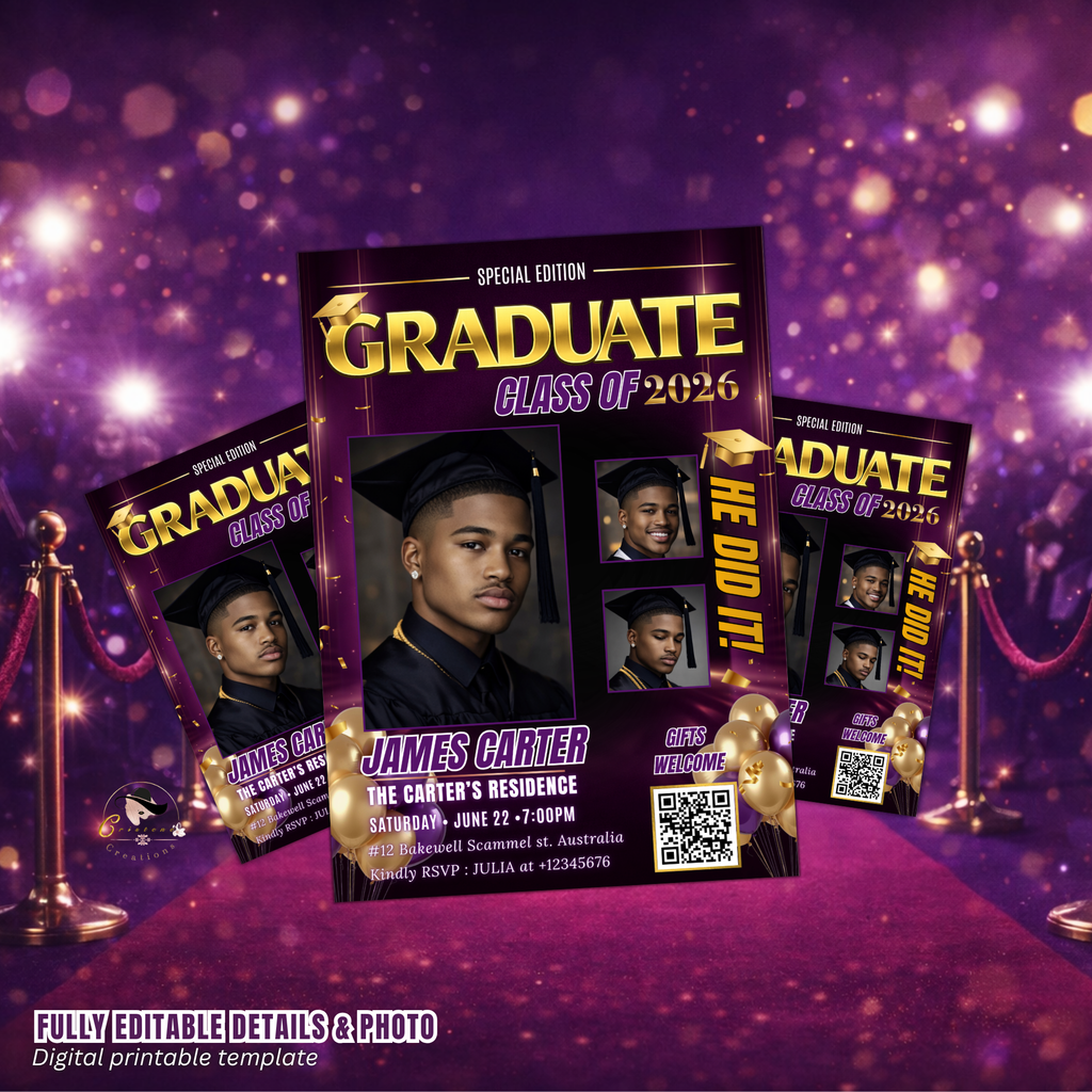 Purple Graduation Invitation, Boy Senior Grad Party with photos invite, Male College High school Graduates Announcement Card Flyer Template