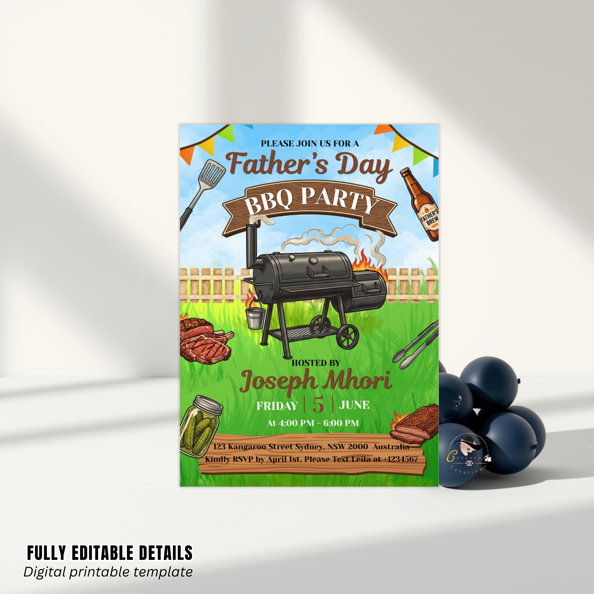 Fathers Day BBQ Cookout Invitation, Dad Party Pool Party Invite, Food Drinks Whiskey, Barbecue Dinner Invite, Printable Digital Template