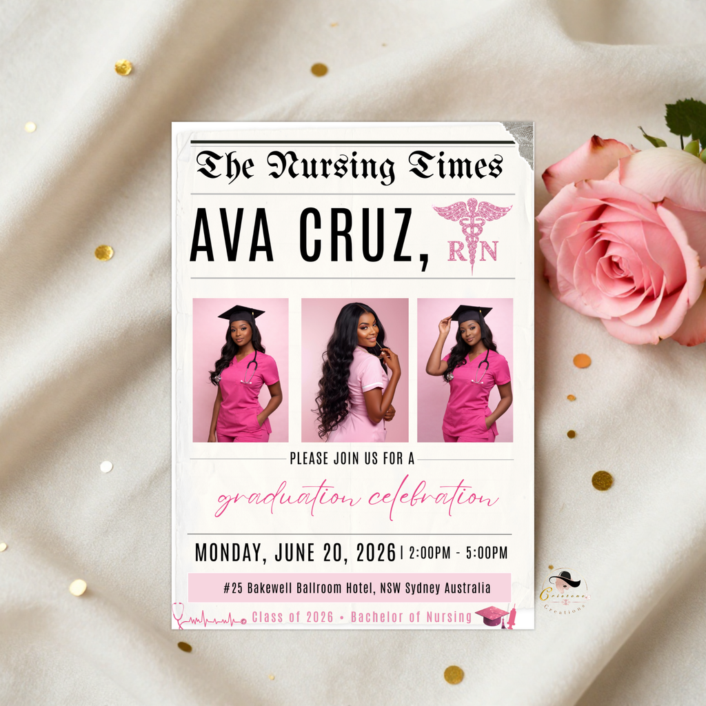 Nurse Graduation Newspaper Invitation with Photo, Pink RN BSN Pinning Ceremony Invite, Canva Digital Printable Flyer Template