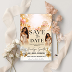 Save the Date Birthday Invitation, White Gold Save Date Party with photo Invite, Elegant Brunch Event Card, Printable Digital Template