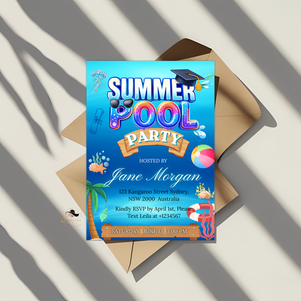 Graduation Pool Party Invitation, Senior Grad Party Invite for Him and Her, College Graduates Announcement, Editable Canva Digital Template