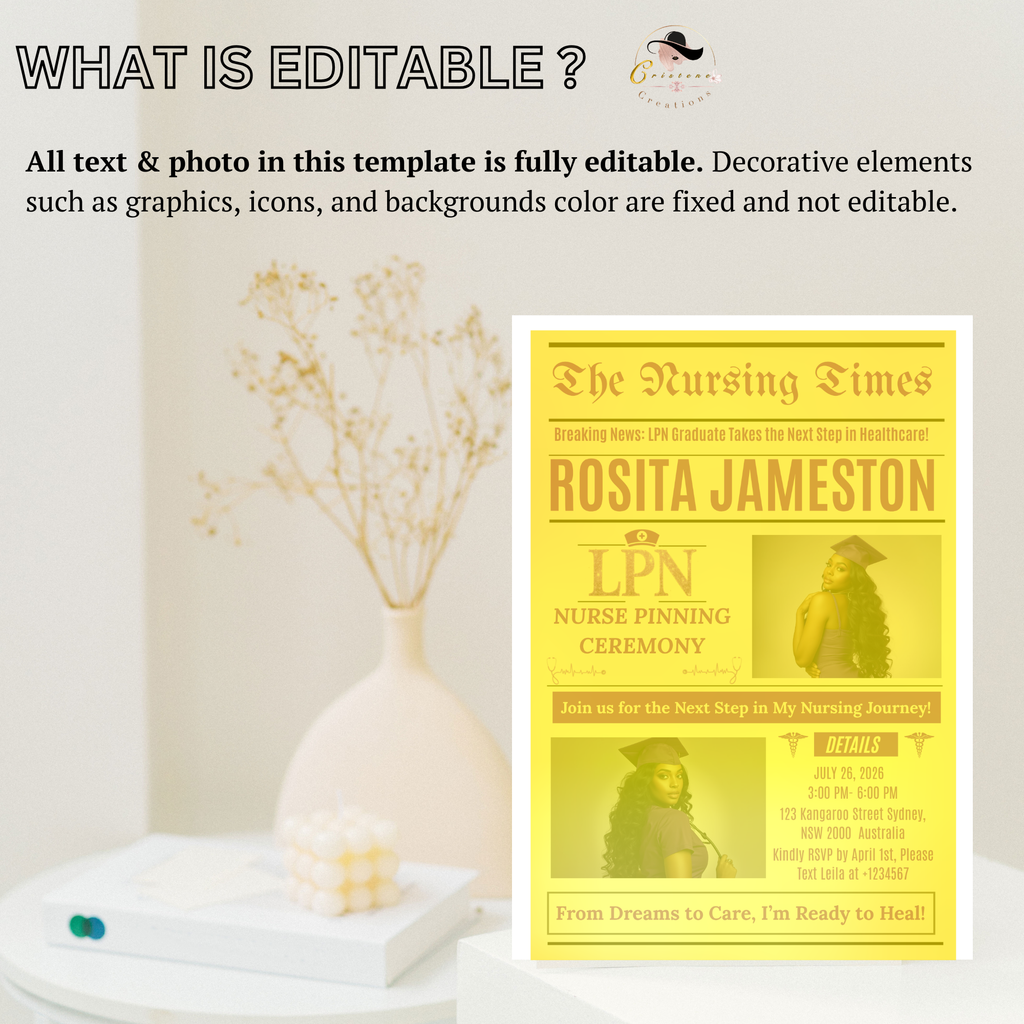 Newspaper LPN Nurse Graduation Invitation with Photo, Nursing Pinning Ceremony Invite for Women Purple Nurse Flyer, Canva Printable Template
