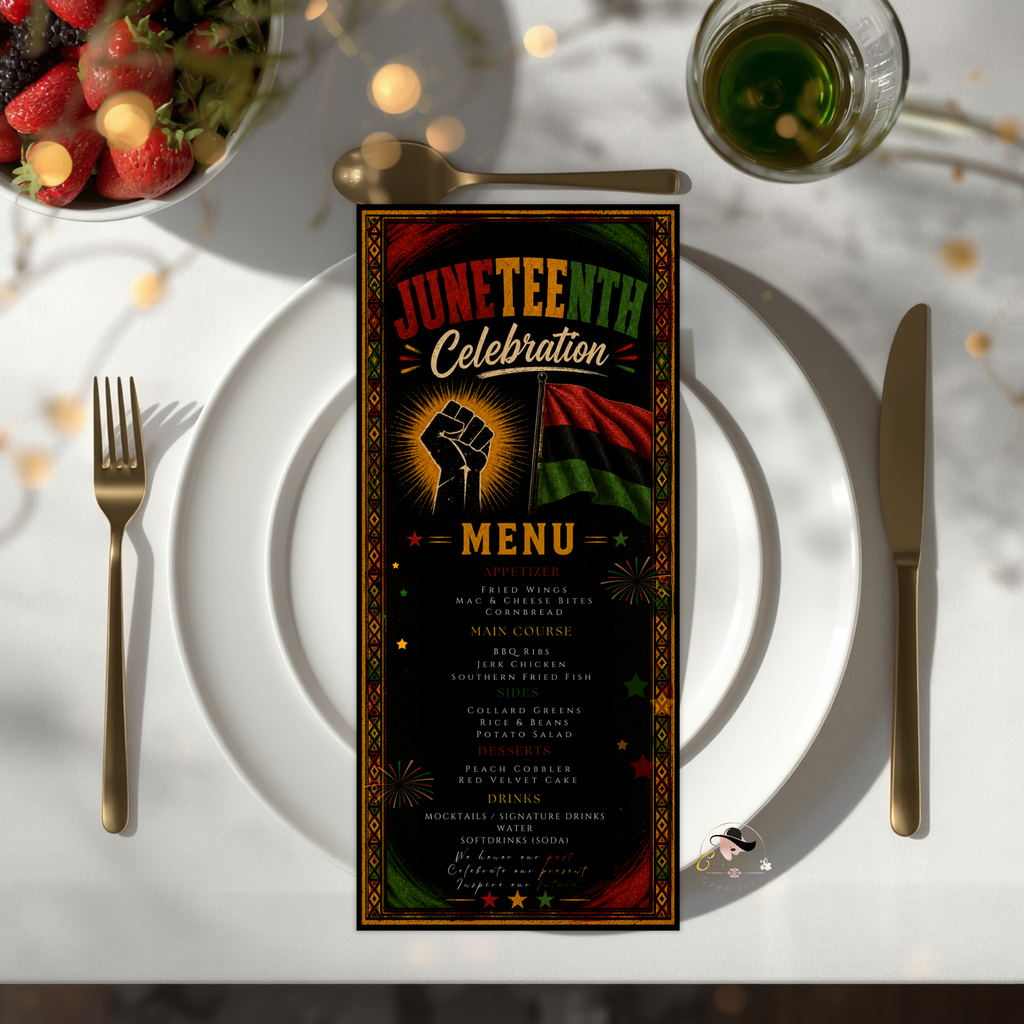 Juneteenth Menu Template, June 19th Black Freedom Day BBQ Cookout Party Menu, Jubilee Day Menu Card, Printable Digital Canva Template