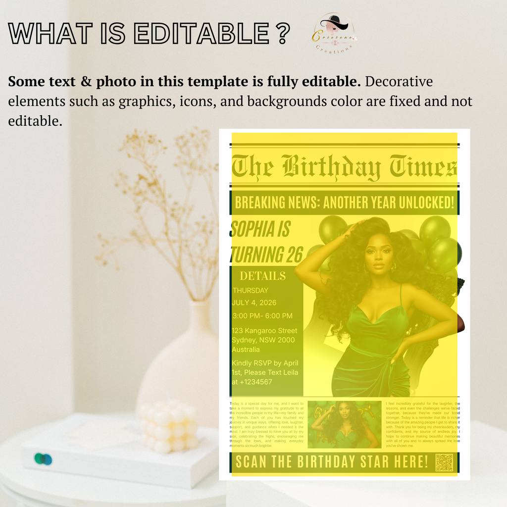 Green Newspaper Birthday Party Invitation with Photo, Woman Dinner & Brunch Invite, Retirement Invite, Editable Printable Digital Template