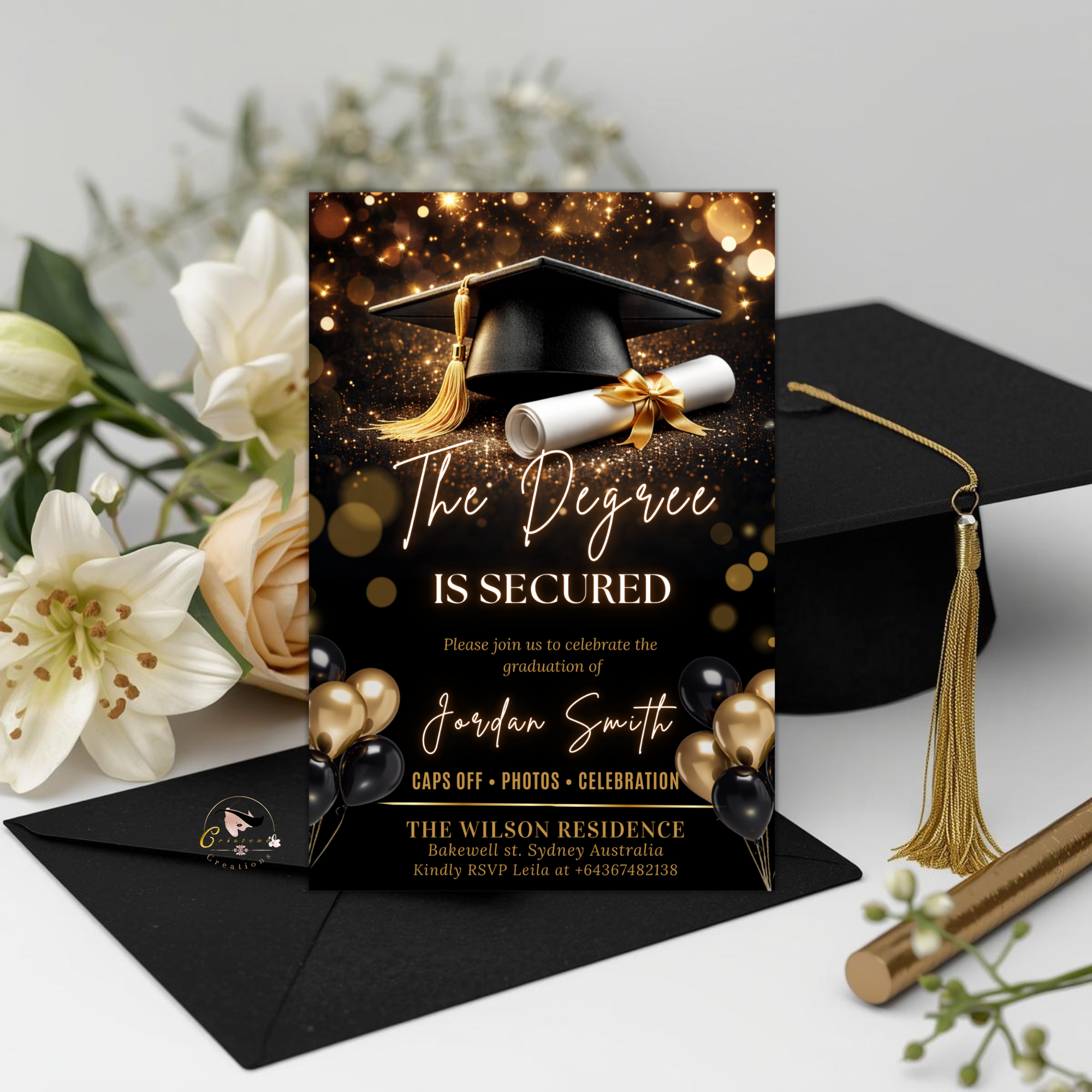 Black Gold Graduation Announcement Invitation, Senior Grad Party invite, Class of 2026, Boy Girl Flyer Card, Digital Printable Template