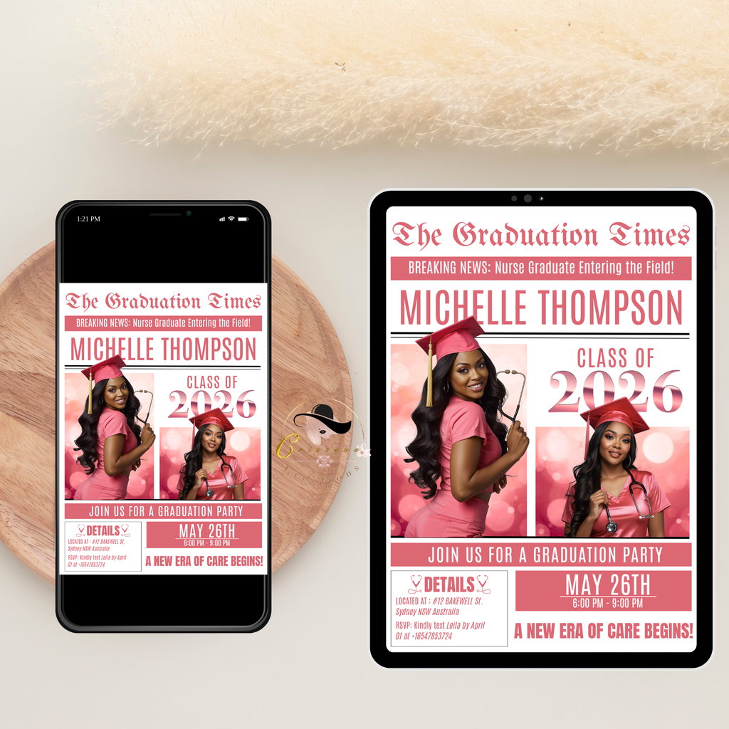 Pink Newspaper Nurse Graduation Invitation, 2026 RN Pinning Ceremony with photo invite, LPN Nursing Graduates, Woman BSN Flyer Template