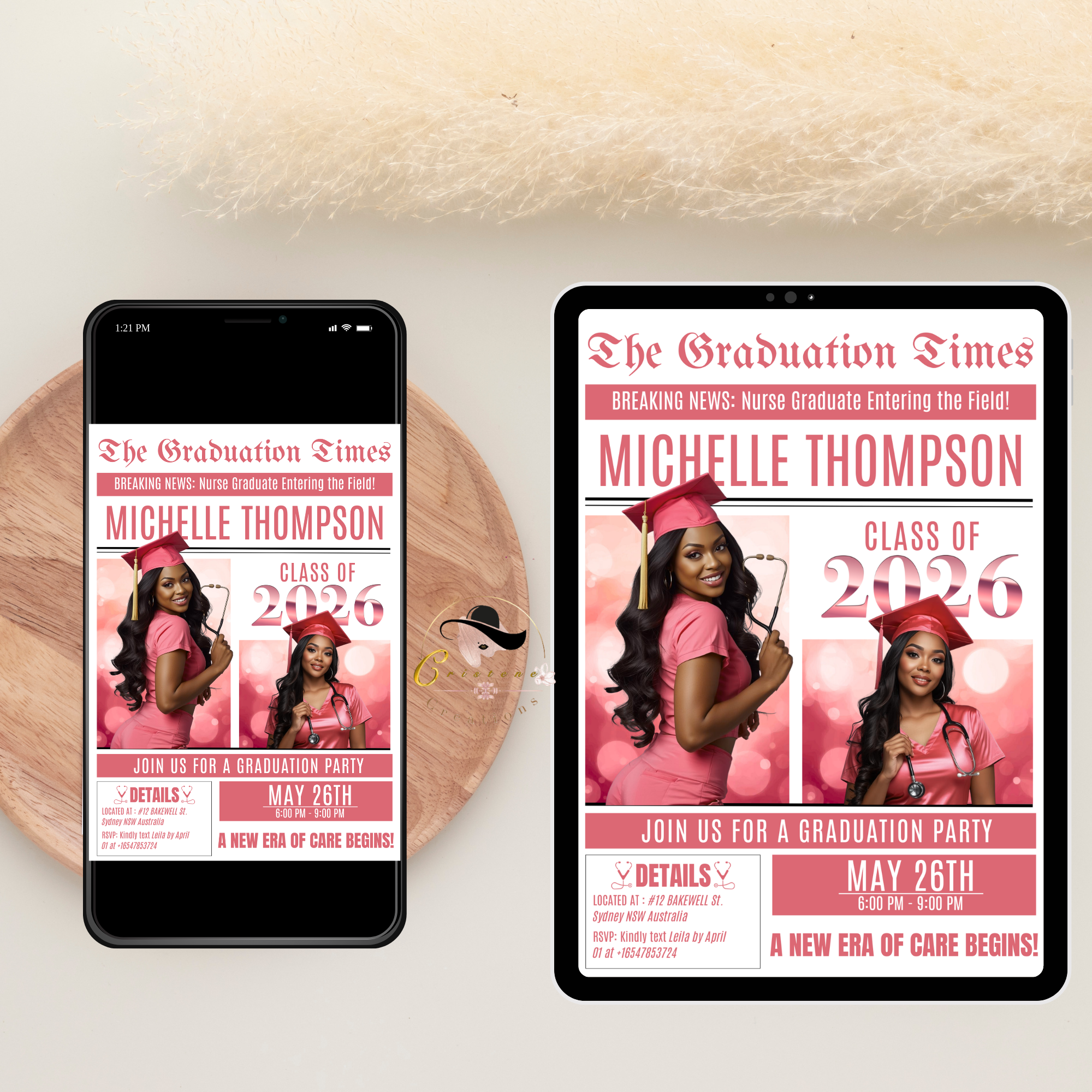 Pink Newspaper Nurse Graduation Invitation, 2026 RN Pinning Ceremony with photo invite, LPN Nursing Graduates, Woman BSN Flyer Template