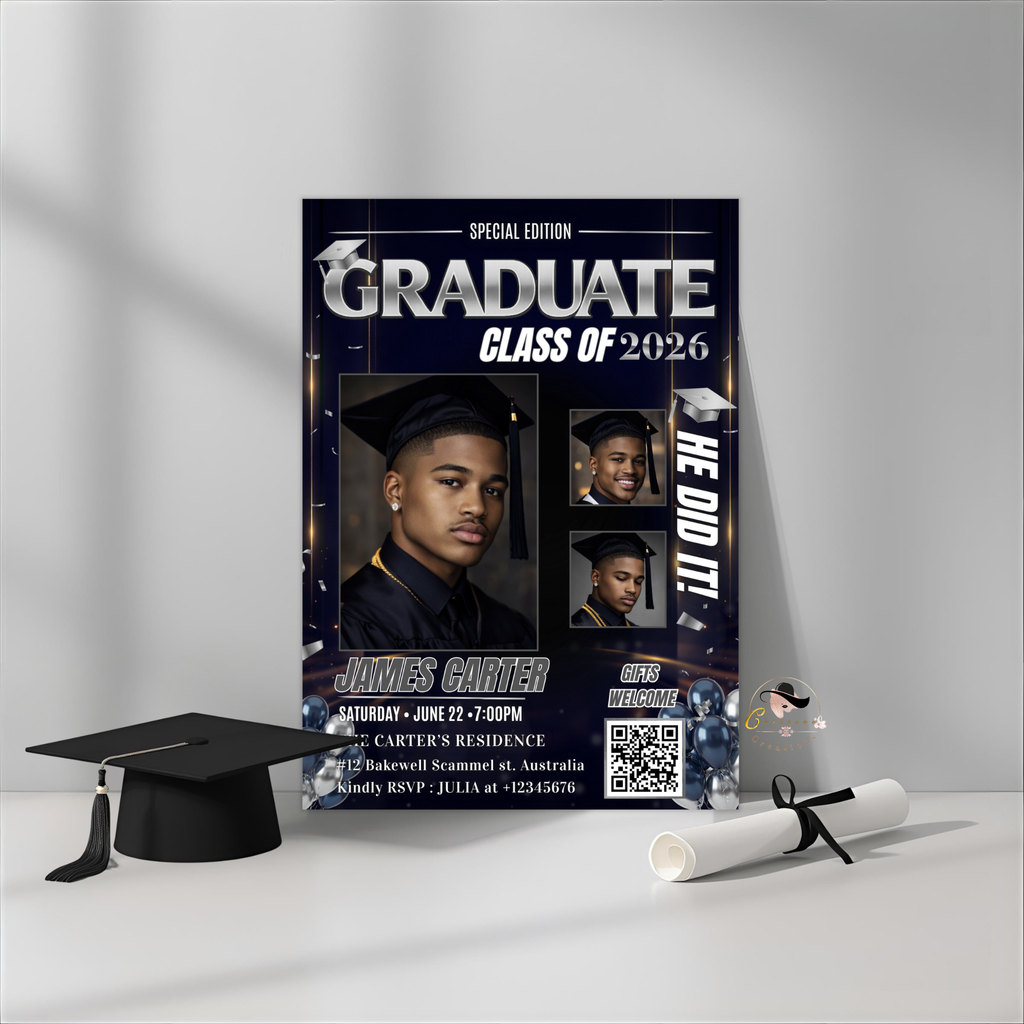 Boy Graduation Invitation, Senior Grad Party with photos invite, Male College High school Graduates Announcement, Blue Silver Flyer Template