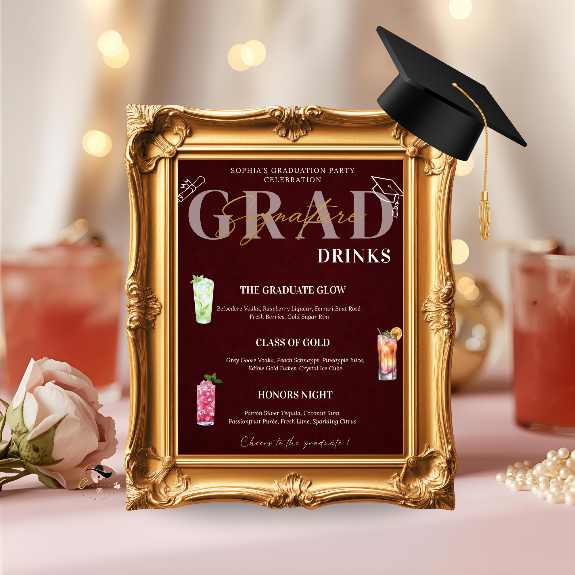 Graduation Signature Drinks Menu, Senior Grad Drink Sign Template for High School College Soda Bar Menu, Dark Red Printable Template