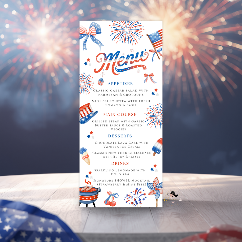4th of July Menu Template, USA Independence Day BBQ Cookout Menu, Patriotic Dinner Brunch Party Menu, Red White Blue, Editable Printable