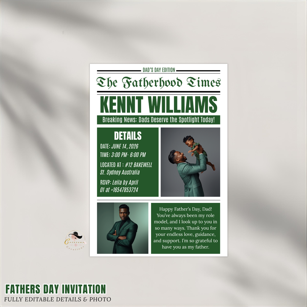 Fathers Day Newspaper Invitation with Photo, Dad Celebration Party Invite, Brunch or Dinner Invite, Flyer Card, Editable Canva Template