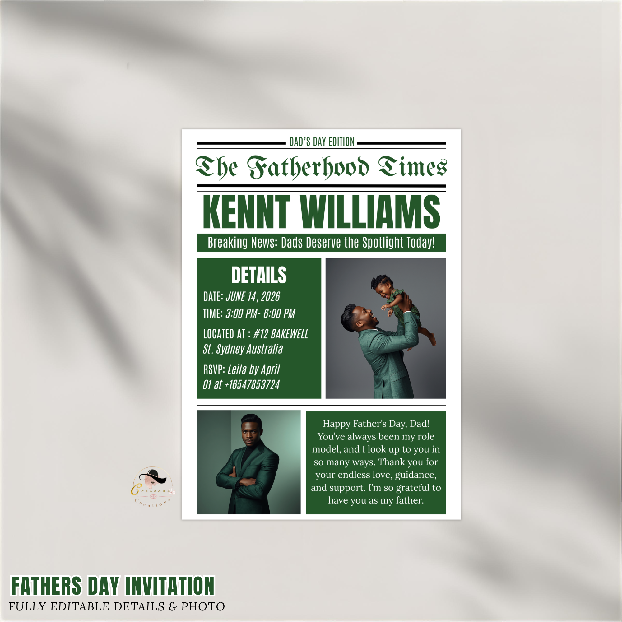 Fathers Day Newspaper Invitation with Photo, Dad Celebration Party Invite, Brunch or Dinner Invite, Flyer Card, Editable Canva Template