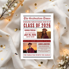 Double Graduation Invitation Newspaper with Photo, Editable Class of 2026 Twin Grad Party Invite, Canva Printable Template for Him and Her