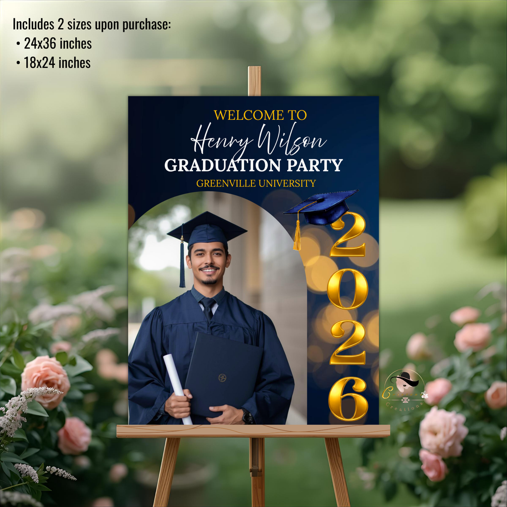 Graduation Welcome Party Sign, Senior Grad Poster Sign with photo, Class 2026 Woman Men High School Sign, Blue Gold Printable Template