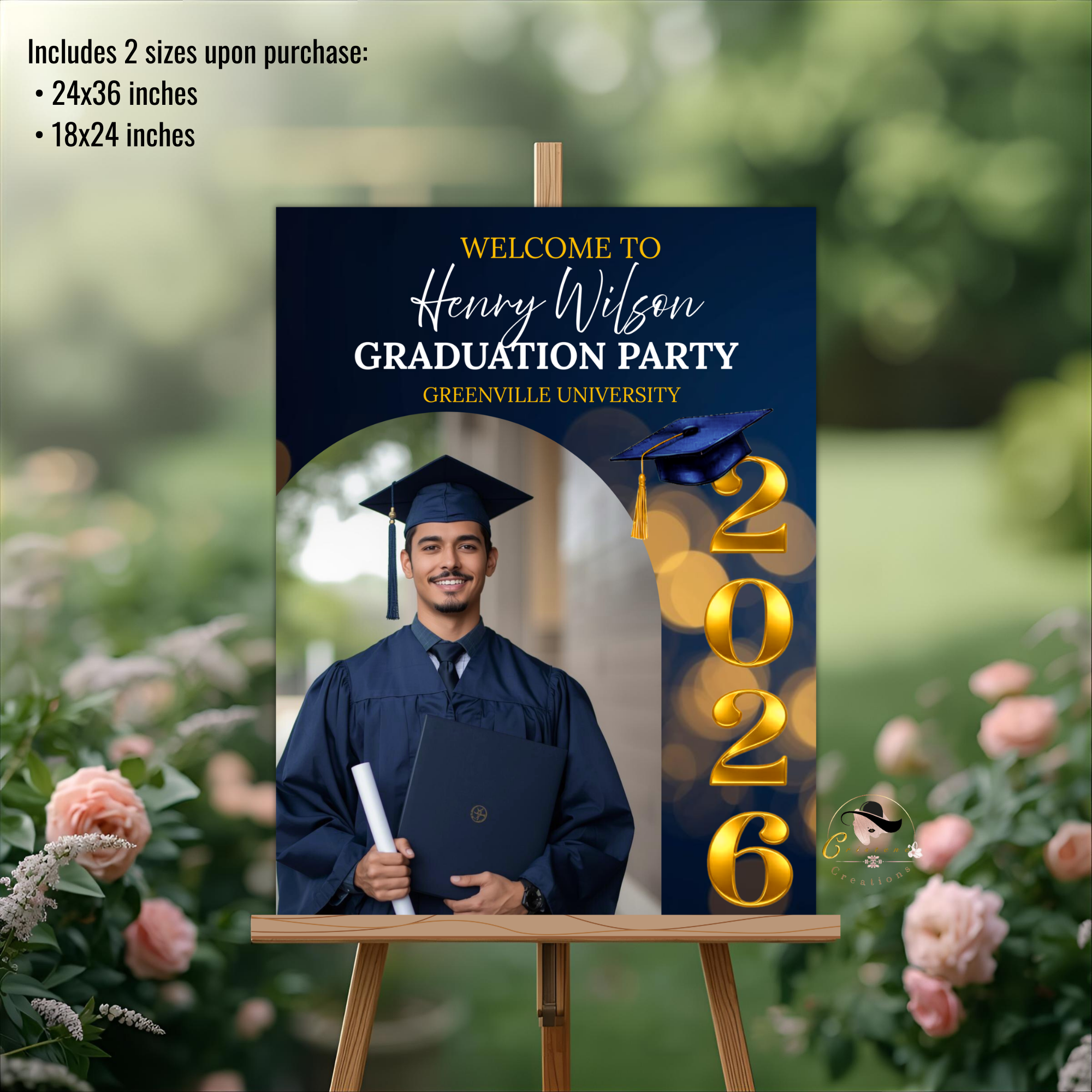 Graduation Welcome Party Sign, Senior Grad Poster Sign with photo, Class 2026 Woman Men High School Sign, Blue Gold Printable Template