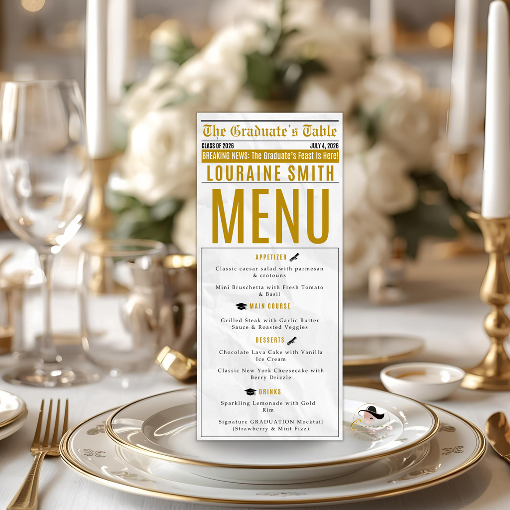 Graduation Newspaper Menu Template, Editable Grad Dinner or Brunch Menu, Class of 2026 Printable for Him and Her, White Gold Menu