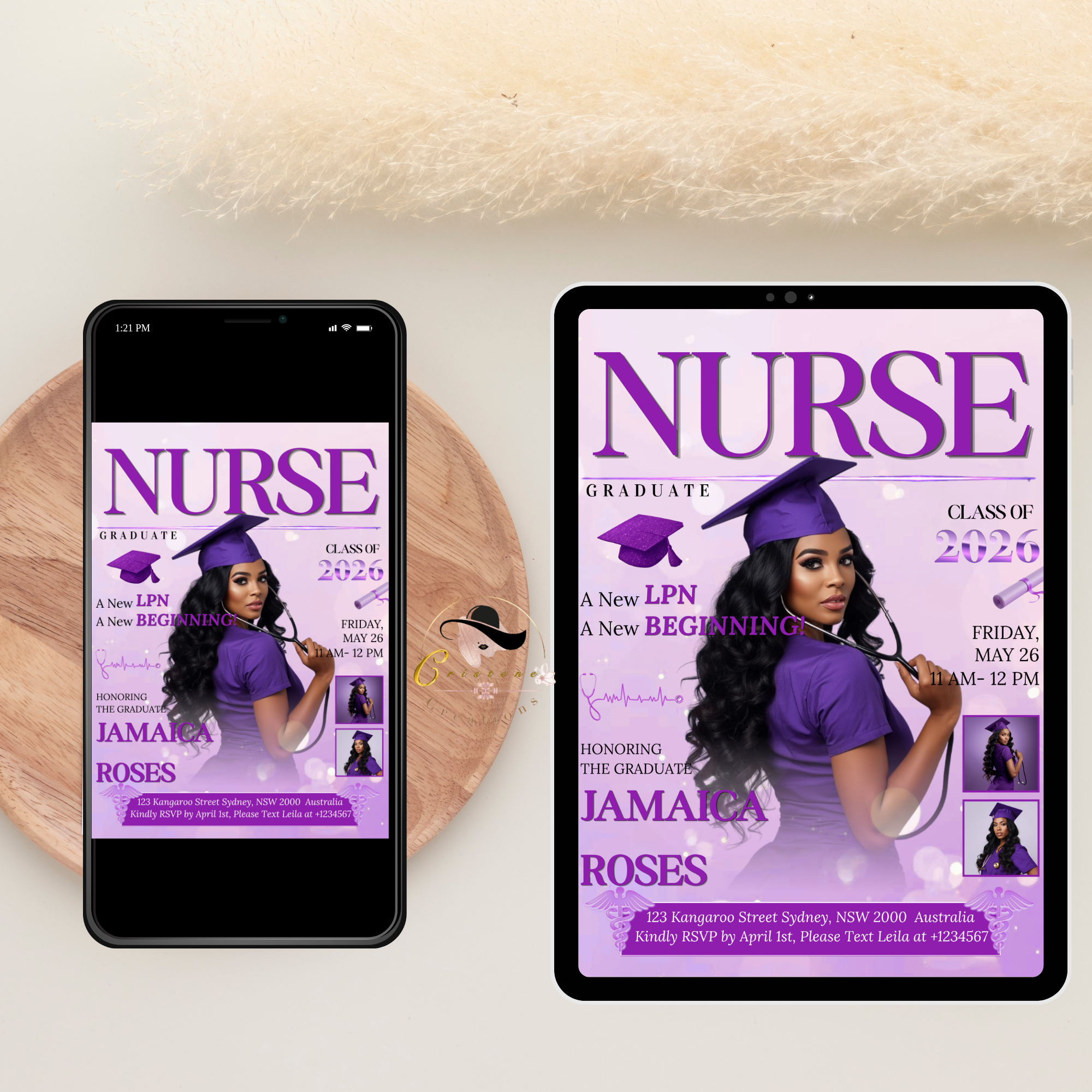 LPN Nurse Graduation Invitation with Photo, Purple Nursing Pinning Ceremony Invite for Her, Editable Canva Printable Template